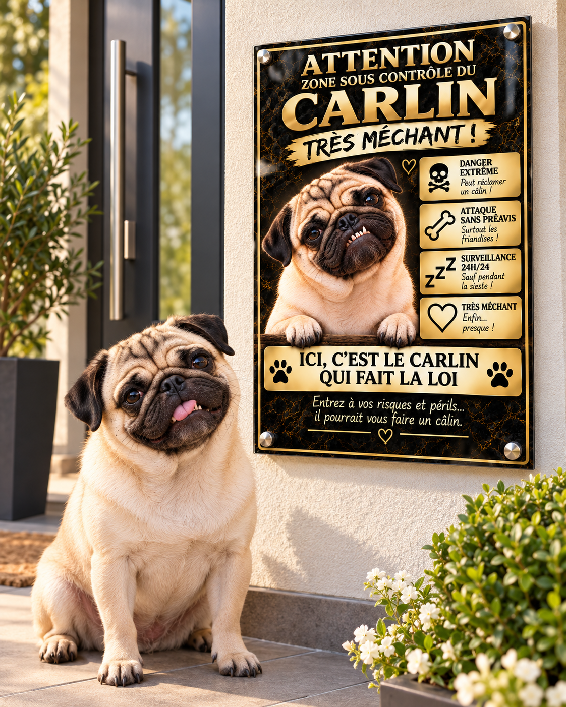 Plaque d’entrée Carlin « Très Méchant » en Plexiglas Premium – 20 × 30 cm