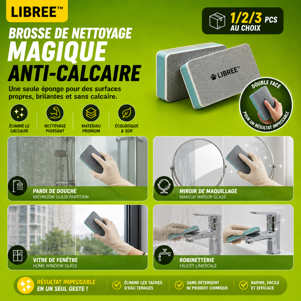 LIBREE™ Anti-Calcaire — La Gomme Magique pour des Surfaces Impeccables