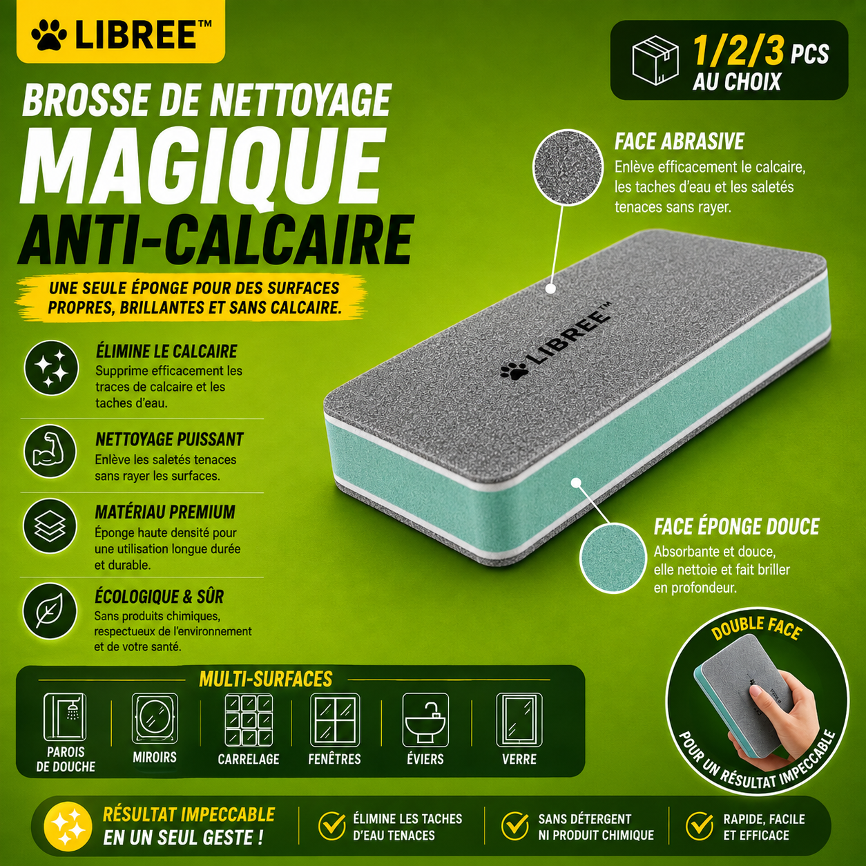 LIBREE™ Anti-Calcaire — La Gomme Magique pour des Surfaces Impeccables