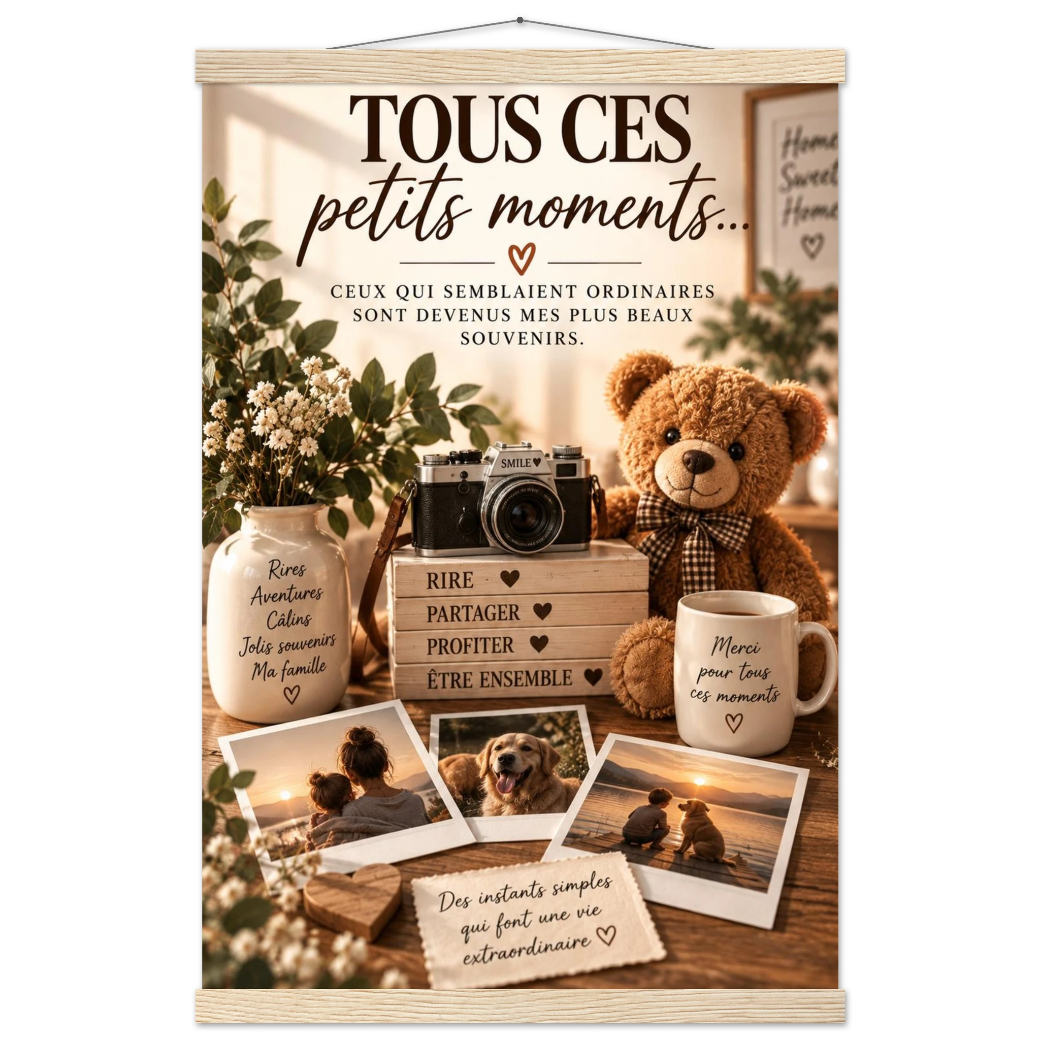 Trio de Posters Famille « Les Petits Bonheurs du Quotidien » – 40 × 60 cm avec baguettes en bois