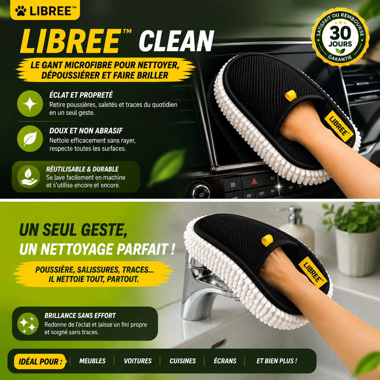 LIBREE™ CLEAN — Le Gant Microfibre 2-en-1
