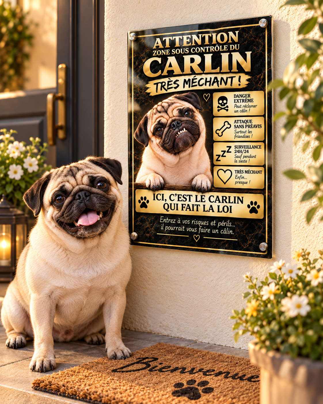 Plaque d’entrée Carlin « Très Méchant » en Plexiglas Premium – 20 × 30 cm